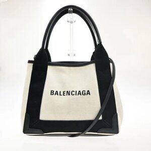 BALENCIAGA Navy Cabas XS 2Way Shoulder Hand Bag Canvas Leather White 39KP327